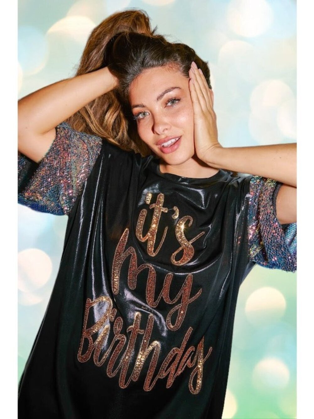 Birthday Queen Foil Sequin Dress in Black - Picture 6 of 8